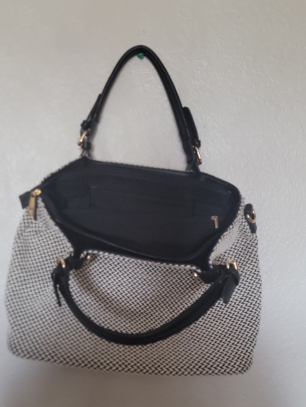 Black & White Woven Shoulder Bag with Black Trim